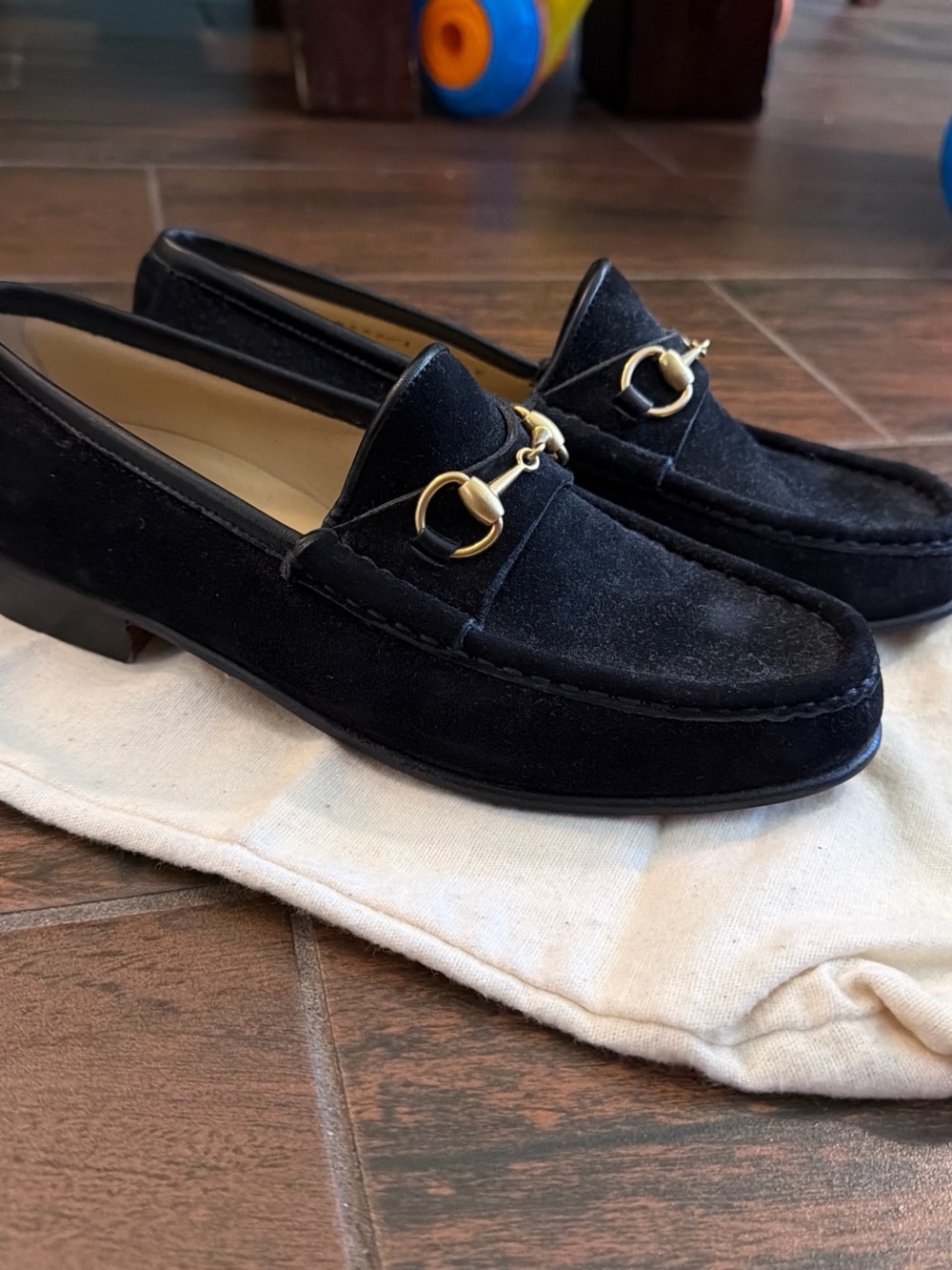 Gucci Black Suede Horsebit Jordana Loafers with Gold Hardware